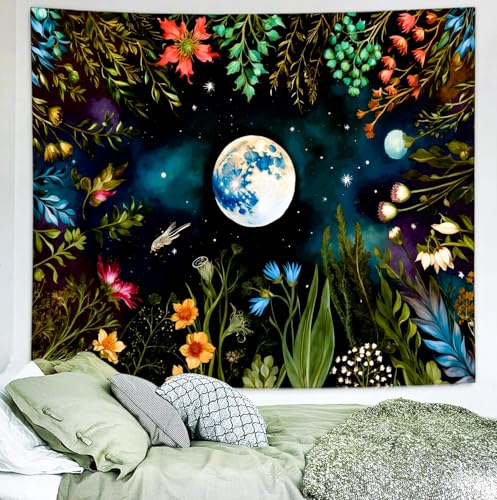 Delur Moonlit Garden Tapestry Boho Moon Floral Plant Tapestry Wall Hanging Colorful Flower Botanical Nature Night Landscape Headboard for Bedroom Living Room Home Decor (51.2" x 59.1") - color: Moonlit Garden, size: 51.2"L x 59.1"W