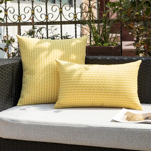 Kevin Textile Outdoor Waterproof Throw Pillow Covers Pack of 2 Weaving Texture Water Resistant Outside Decorative Cushion Covers for Garden Patio Tent Balcony Bench Couch Sofa 16x16 Inch, Yellow - color: Yellow, size: 16" x 16" (Pack of 2)
