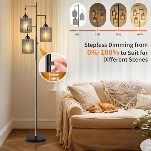 Hotsonic 72" Tall Boho Rattan Style Floor Lamp with Hand-Woven Paper Cord Shade, Dimmable Industrial Tree Standing Lamp for Living Room, Bedroom, Study Room, Office (3 x 800LM Bulbs Included) - Black - color: Black+Gray