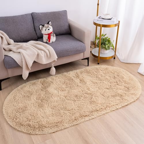 Goideal Fluffy Bedroom Rug, Small Oval Area Rugs, Beige Shag Bedside Carpet for Kids Room Nursery Dorm Cute Fuzzy Indoor Decor for Boy and Girl, 2.6 x 5.3 Feet - color: Light Tan