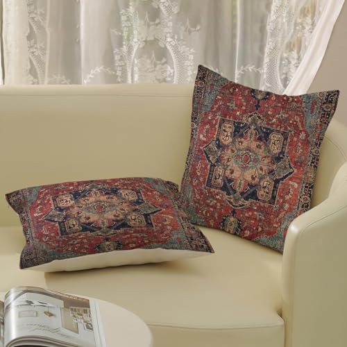 Boho Pillow Covers 16x16 Inch 2 Pcs Vintage Red Carpet Pattern Ethnic Decor Throw Pillows Blue Teal Retro Bohemian Outdoor Farmhouse Decoration Pillowcase Linen Cushion Cover for Couch Sofa Bed - color: Red Teal Boho, size: 16" x 16" (Pack of 2)