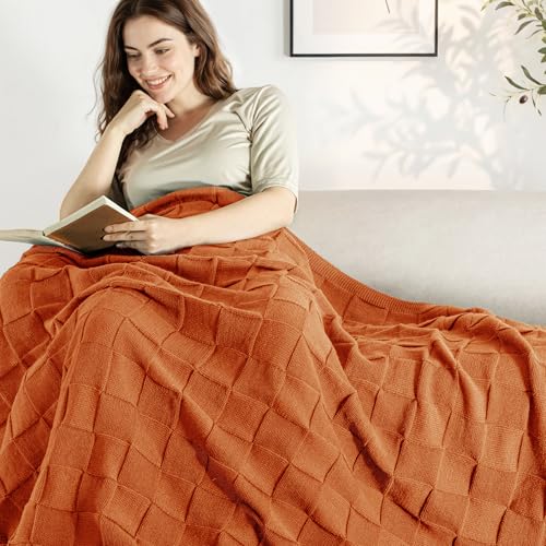 Whale Flotilla Checkered Knit Throw Blanket for Couch, Soft Decorative Knitted Blankets for Sofa Bed, Lightweight Cozy Throws for Spring Summer, 50x60 Inch, Burnt Orange - color: Burnt Orange, size: 50x60 Inch