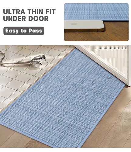 YIHOUSE Bathroom Rugs Sets 2 Pieces, Blue Ultra Thin Bath Mats Fit Under Door, Absorbent Quickly Dry Rubber Backing Braided Bath Mat Set, Non Slip Washable Bath Rugs for Bathroom Floor, Blue - color: Blue Multi, size: 2pieces