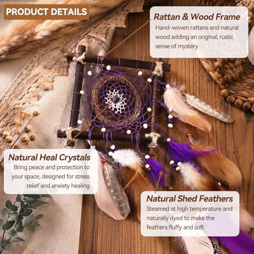 Rattan Dream Catchers with Peacock Feather, Boho Wall Decor Rustic Wooden Native American Wall Art for Bedroom Living Room (Purple Brown) - color: Purple Brown