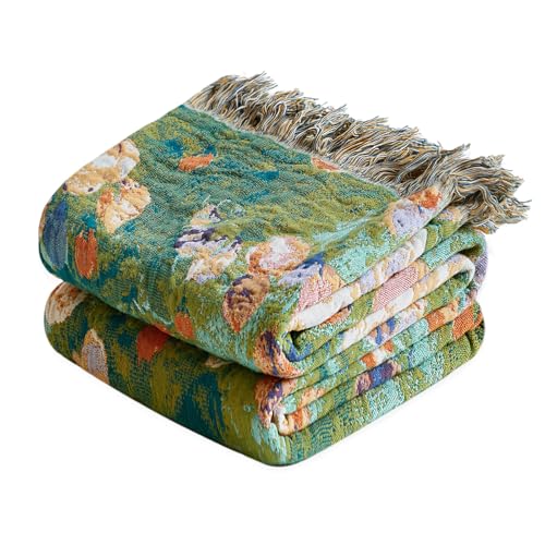 LUTBM Boho Throw Blanket for Couch Sofa Chair Summer Cotton Blankets for Bedroom Living Room All Season Soft Lightweight Reversible Floral Embroidery Decorative Throws 50"x60" Home Decor - color: Floral Green Garden, size: 50"×60"