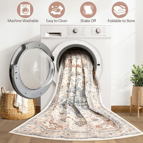 7x9 Area Rug Living Room: Washable Boho Large Neutral Vintage Soft Rug Stain Resistant Distressed Farmhouse Non-Slip Indoor Floor Carpet for Bedroom Nursery Kids Office Dining Room- Beige Blue - color: Beige Blue, size: 7' x 9' (Rectangular)