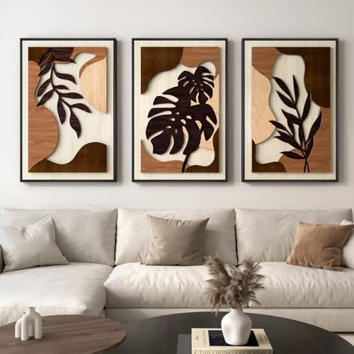 Framed 3D Wood Wall Art Decor for Living Room, 3 Piece Large Boho Tropical Textured Artwork for Walls, Botanical Wooden Wall Art for Dining Room Hallway Bedroom, 24x36 Inch - color: Brown, size: 24" W x 36" H x 3Pcs