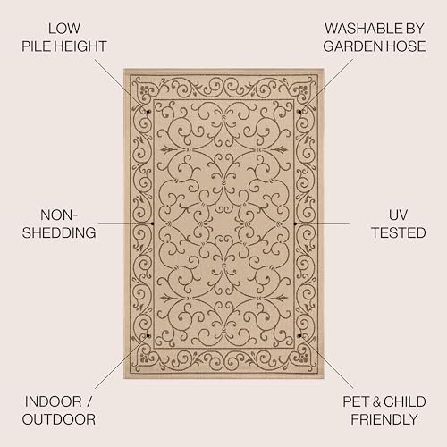 JONATHAN Y Vintage Filigree Indoor Outdoor Area Rug 5X8 Beige/Brown, Charleston Textured Weave for Backyard, Patio, Porch, Easy-Cleaning, High Traffic, Pet-Friendly, Non-Shedding (SMB106A-5) - color: Beige/Brown, size: 5'3" x 7'7" (Rectangular)