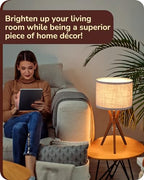 EDISHINE Mid Century Table Lamp, 17.5" Tripod Bedside Lamp with Deep Wood Color Light Base & Beige Linen Lampshade, Nightstand Lamp for Bedroom, Living Room, Reading Room, E26 Base - color: Dark Wood