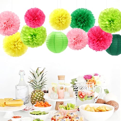 Hawaiian-Summer Pool Party-Decorations Paper-Flowers Lanterns - 15pcs Luau Tropical Beach Tissue Pom Poms Streamers,Birthday Bachelorette Wedding Baby Shower Graduation Hanging Supplies Decor Hugfond - color: Hawaiian