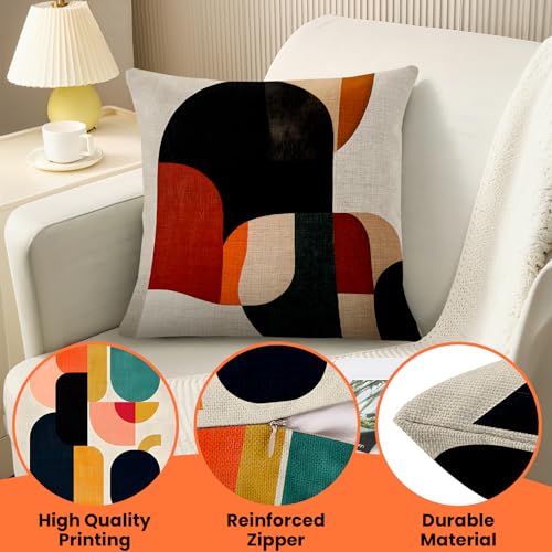 BVBOX Set of 4 Linen Throw Pillow Covers 18"x18", Soft Flax Mid-Century Modern Abstract Decorative Pillow Cases, Double-Sided Retro Geometric Pillow Covers for Bed, Sofa, Couch, Living Room, Bedroom - color: Colorful Geometry