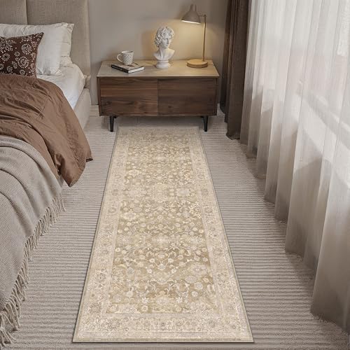 2x6 Taupe Washable Runner Rug for Living Room Bedroom Neutral Soft Floral Non Slip Runner Rug Lightweight Vintage Low Pile Distressed Runner Kitchen Hallway Porch Beside Bed Bathroom - color: Taupe, size: 2'x6'