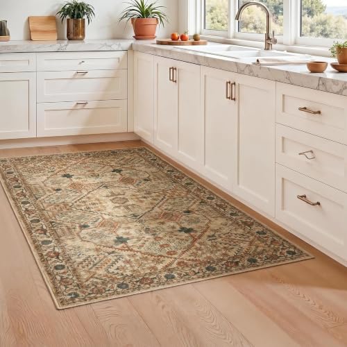 Joydeco 3x5 Area Rugs for Living Room Vintage, Tan | Non Slip Machine Washable Low Pile for Bedroom Dining Room Home Office Pet & Child Friendly - color: Tan, size: 3' x 5' (Rectangular)