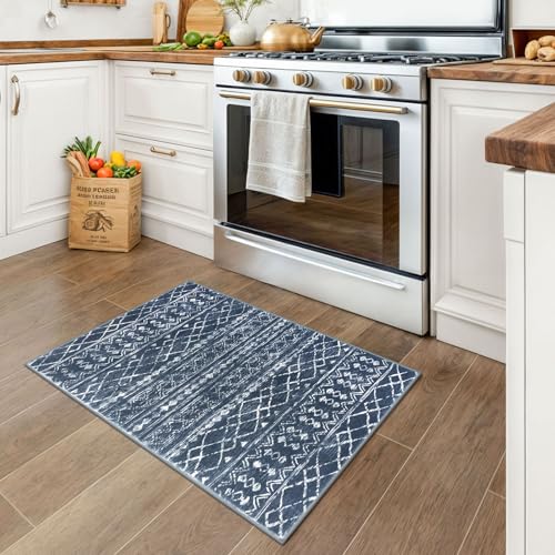 KUTA Moroccan Rugs for Entryway, 2x3 Navy Blue Entrance Small Area Rug, Non-Slip Washable Ultra Soft Vintage Geometric Low-Pile Indoor Door Mat Floor Carpet for Kitchen - color: Navy Blue/White, size: 2' x 3' (Rectangular)