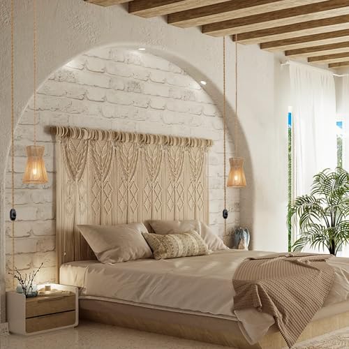 15ft Plug in Pendant Light with Cord Dimmable Switch Rattan Hanging Lamp with Hand Woven Wicker Plug in Chandelier Boho Hanging Lights Fixture for Bedroom Kitchen Hallway Foyer - size: Plug 1 Light