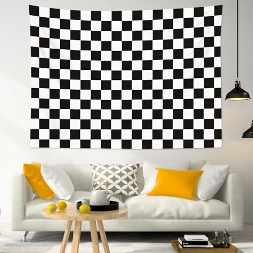 HVEST Retro Checkered Tapestry Black and White Checkered Grid Pattern Tapestry Wall Hanging Vintage Checkerboard Plaid Wall Art for Bedroom Living Room Dorm Decor, 51L x 59W Inches - color: Black, size: 51"L x 59"W