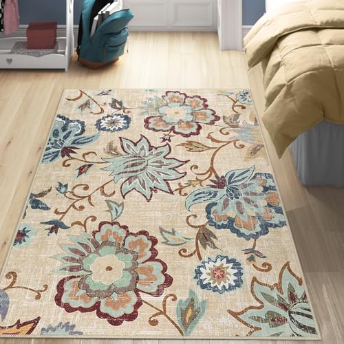 Beeiva Floral Bedroom Rugs, 4x6 Rug with Rubber Backing Ultra Thin Vintage Washable Rugs Foldable Carpets for Living Room Rug Paisley Print Beige Rug for Entryway Bathroom Office - color: Cream, size: 4' x 6' (Rectangular)