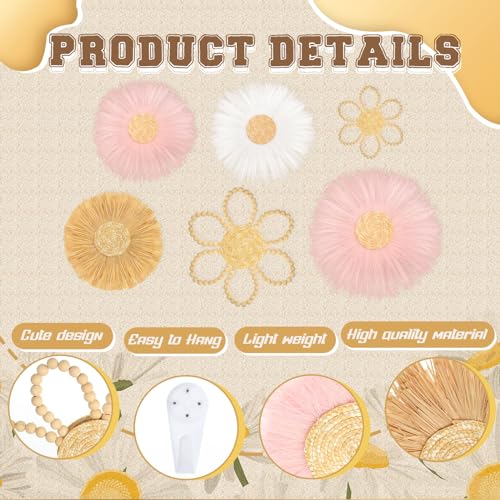 Soaoo 6 Pcs Boho Nursery Decor for Girl Daisy Flower Woven Macrame Wall Hanging Bohemian Nursery Wall Decor Flowers for Baby Girls Kids Dorm(Pink, White, Beige)