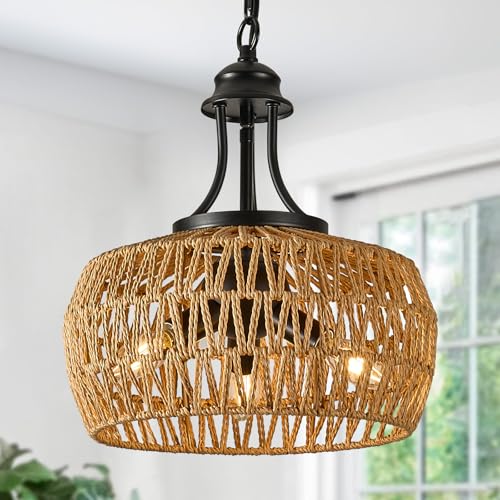12.6 Inch Farmhouse Boho Chandelier for Dining Room, 3-Light Rattan Chandelier with Woven Lampshade, Adjustable Height Coastal Pendant Lighting for Kitchen Bedroom Island Hallway - color: Brown, size: 3-Lights 12.6 in