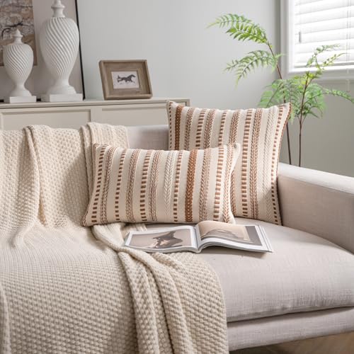 Cethom Brown Boho Lumbar Throw Pillow Covers 12x20 Inch Set of 2, Stripe Textured Decorative Couch Pillow Cases for Bed, Sofa, Living Room, Bedroom, Farmhouse Home Accent Cushion Covers - color: Brown, size: 20" x 12" (Pack of 2)