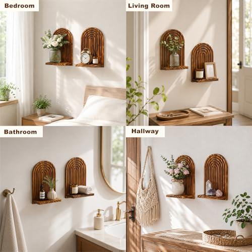 Artilady Arched Shelf Wall Decor Boho Rustic Wood Wall Mounted Shelves for Crystal Candle Plant, Mid-Century Hanging Wall Art for Bedroom Living Room (Dark Brown Wide) - color: Dark Brown Wide