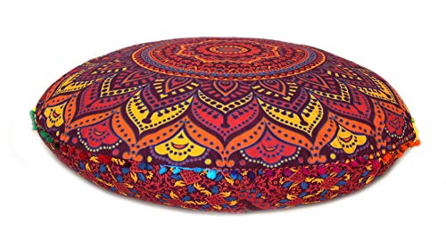 INDIAN CRAFT CASTLE New Orange Ombre 24" Mandala Barmeri Large Floor Pillow Cover Cushion Meditation Seating Ottoman Throw Cover Hippie Decorative Zipped Bohemian Pouf Ottoman Pom Pom Cases 24" Round - color: Orange Yellow, style: 24 Inch Round