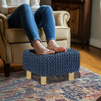COTTON CRAFT Braided Footrest - Handknitted Dori Foot Stool with Sturdy Wood Legs – Handmade Boho Leg Rest - Small Spaces Under Desk Living Room Entryway Low Footstool Pouf - 16.5x12x9.5 - Blue - color: Cotton - Blue