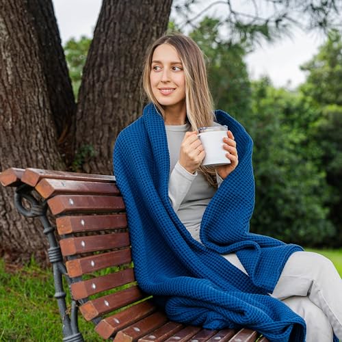 Organic Cotton Throw Blanket for Couch - 100% Organic Cotton, Decorative, Lightweight Throw for Sofa or Bed, Woven Modern Small Blanket for Beach, Picnic (50"x60" - Blue) - color: Blue