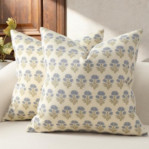 Farmhouse Floral Pillow Covers 16x16 Set of 2, Country Botanical Throw Pillow Cover for Sofa Couch Bed Living Room, Rustic Vintage Flower Cushion Covers Cottage Home Decor,Blue Mustard - color: Blue Mustard, size: 16" x 16" (Pack of 2)