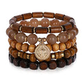 Bohemian Natural Stone Beaded Bracelets for Women Men Stackable Stretch Beads Bracelet Set with Charm and Tassel Multilayered Elastic Gemstone Bracelets Summer Beach Boho Jewelry Gift for Women - color: Brown Wooden Beads