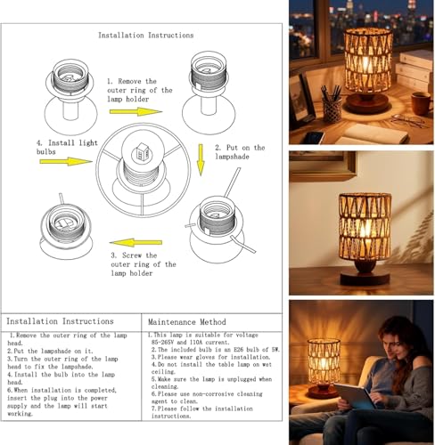 Handmade Rattan Lamp Farmhouse Table Lamp for Bedroom, Stepless Dimming Rustic Woven Lamps for Night Stands with Warm White LED Bulb, Boho-Inspired Boho Lamps for Living Room Kitchen Nook - color: Farmhouse - Dimmable