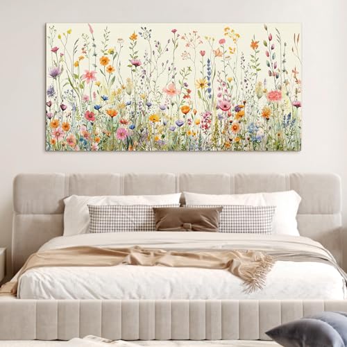 HPINUB Colorful Flower Framed Canvas Wall Art Set, Watercolor Daisy Floral Wall Decor, Wildflower Green Leaf Wall Painting, Multicolour Botanical Art Print for Living Room, Bedroom, Office - 20"x40" - color: Colorful Wildflower Wall Art, size: 40"L x 20"W