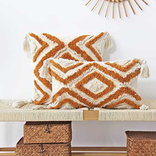 JOJUSIS Boho Lumbar Throw Pillow Covers with Handmade Tassels Decorative Woven Tufted Orange Pillowcase for Couch Bedroom 12 x 20 Inch Orange B - color: Orange B, size: 20" x 12" (Pack of 1)