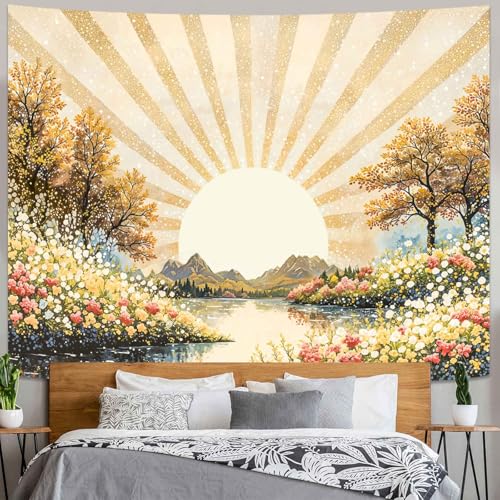 Lunerfex Sunburst Floral Tapestry - Nature Landscape Wall Hanging with Forest and Lake - Rustic Cottagecore Decor 60"x44" - color: Bright Yellow, size: 60"L x 44"W