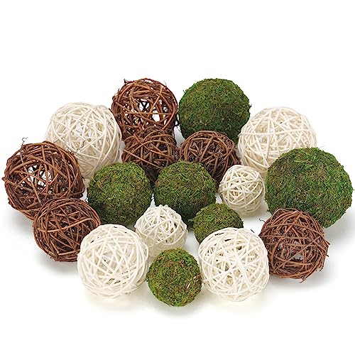 USMOLA 18Pcs Decorative Balls for Centerpiece Bowl - 6Pcs Fake Moss Balls + 12Pcs Rattan Wicker Balls, Artificial Moss Decorative Balls Vase Fillers for Home Garden Wedding Party Decor (Rustic)