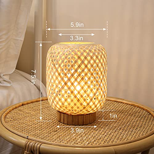LUSHARBOR Rattan Lamp, Cordless Boho Lamp Battery Operated, Table Lamp with LED Bulb, Handmade Bamboo Beside Lamp Small Rattan Lamp, Decorative Battery Lamp for Kids Room Entryway - Grid - style: GRID