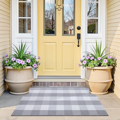 OLANLY Buffalo Plaid Rug 2' x 3' (24" x 36") – Grey and White Cotton Checkered Doormat, Washable Indoor Outdoor Rug for Layered Front Porch, Kitchen, Entryway Decor - color: Grey White Buffalo Check, size: 2' X 3' (Rectangular)
