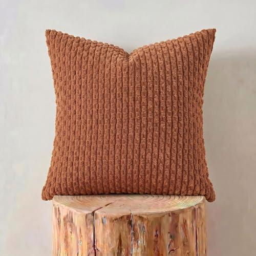 Fancy Homi 2 Packs Rust Decorative Throw Pillow Covers 18x18 Inch for Couch Bed Sofa, Modern Farmhouse Boho Home Decor, Soft Cute Plush Corduroy Cushion Case 45x45 CM - color: Rust, size: 18" x 18" (Pack of 2)