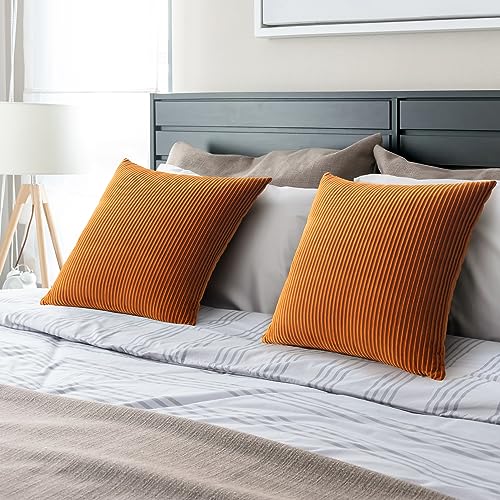YCOLL Burnt Orange Pillow Covers 20x20 Set of 2 Velvet Striped Pattern - Soft Throw Pillows for Home Decor, Luxury Decorative Pillow Covers for Couch, Bed,Living Room - color: Burnt Orange, size: 20" x 20" (Pack of 2)