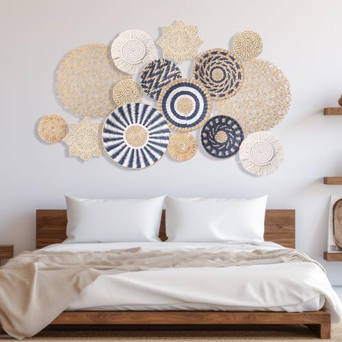 15 Pcs Boho Wall Basket Decor Woven Rattan Seagrass Wall Decor Hanging Rustic Farmhouse Western Art Decoration for Nursery Living Room Bedroom Home Kitchen(Blue Style) - style: Blue Style