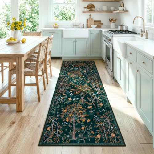 Morebes Boho Floral 2x6 Kitchen Runner Rug, Washable Hallway Rug Runner Non Slip, Soft Botanical Flower Indoor Floor Carpet Runner for Bathroom Entryway Laundry Room, Dark Green - color: Dark Green, size: 2' x 6' (Rectangular)