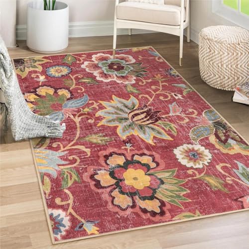 Beeiva Floral 4x6 Rug for Bedroom, Vintage Machine Washable Area Rugs, Ultra Thin Living Room Carpet Lightweight Red Paisley Print Carpet for Bedroom Entryway Bathroom Office Christmas - color: Red, size: 4' x 6' (Rectangular)