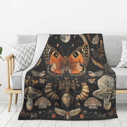 Orange Butterfly Moon Flower Throw Blanket, 320gsm Boho Mushroom Blanket Fluffy Cozy Soft Warm Plush Decorative Gifts for Women Men Kids, Blankets Quilt for Bed Sofa Chair Couch (50"x40") - color: Mushrooms Butterfly, size: 50"x40"