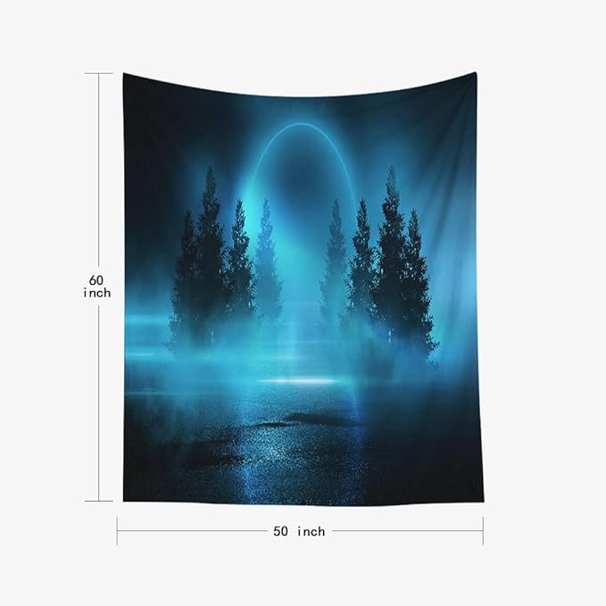 EMMTEEY Misty Forest Tapestry Moonlight Shine Dark Natural Scene with Reflection of in the Water Neon Blue Tapestry Wall Art 50X60 Tapestry