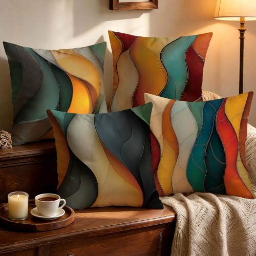 OBSEDE Abstract Color Block Throw Pillow Covers 18x18 Set of 4, Farmhouse Decor for Home Couch Sofa Living Room, Rustic Floral Decorative Cushion Cases - color: Abstract Color Block