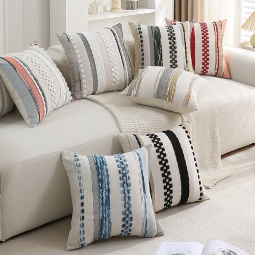 Boho Pillow Covers 18x18 Set of 2 for Couch-Modern Farmhouse Sofa Green Decorative Throw Pillow Covers Textured Chenille Cushion Covers Outdoor Netural Bohemian Bed Pillow Cases Square - color: Dark Green Stripe
