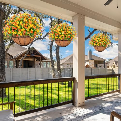 Ouddy Decor Artificial Hanging Flowers with Basket, Faux Silk Flowers in Coconut Lining Basket, Spring Summer Outdoor Decor Fake Hanging Plants for Garden Patio Yard Porch Lawn, Orange - color: Orange