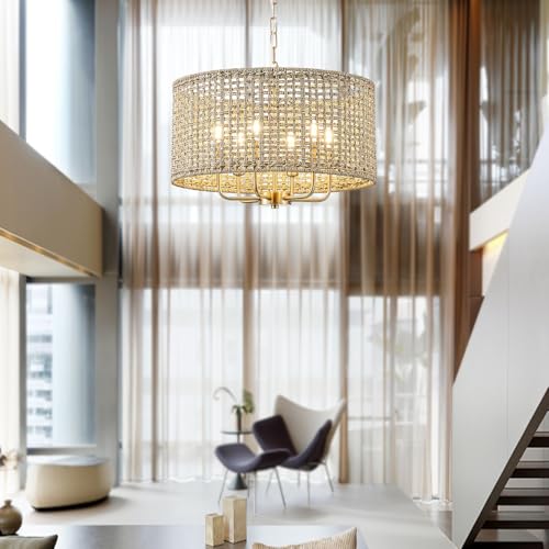 20" Rattan Hand-Woven Boho Chandelier for Dining Room, 6-Light Rattan Drum Wicker Farmhouse Large Vintage Chandelier Pendant Light Fixture for Kitchen Island Entryway(Gold) - color: Gold 6-Light 20" Drum