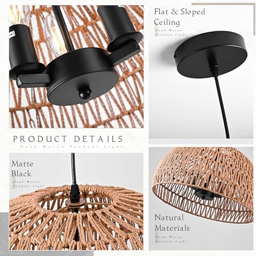 17.6 inch Hemp Rope Woven Pendant Light Wicker Pendant Light 3-light Rattan Light Fixture Boho Chandelier Farmhouse Chandelier Dome Pendants Light for Dining Room Bedroom Kitchen(Bulb Incl - color: 17.6" Natural