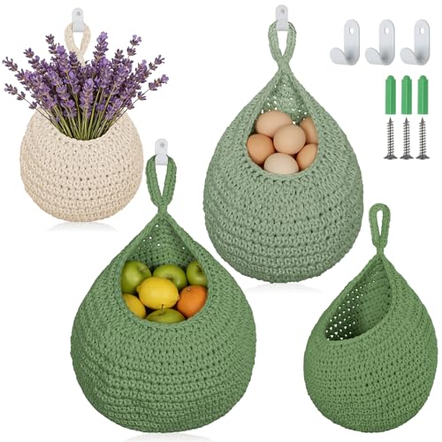 3 Pack Boho Decor Hanging Friut Baskets for Kitchen, Hand-woven Cotton Wall Baskets with Hooks 3 Sizes, Hanging Holder Teardrop Produce Basket for Fruit Vegetable Potato Onion Storage, Beige & Green - color: Beige+LightGreen+DarkGreen, size: 3 Pack